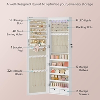 SONGMICS Dulap pentru bijuterii cu oglinda, montare pe perete sau usa, material MDF, inchidere cu cheie, 120x37x10 cm, alb