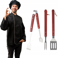 Set 3 ustensile pentru gratar din inox cu maner din lemn, spatula, furculita si cleste