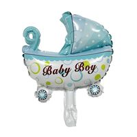 Balon din Folie Metalizata, Vafy, Mini Figurina, Model Carucior Bebelus, Tematica Gender Reveal, 39x29 cm, Ambalaj Individual, Pai Inclus, Umflare cu Aer sau Heliu, Albastru