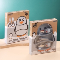 Set diversificare bebelusi Flippy, din silicon, 23.5 x 12.5 cm, 1 farfurie compartimentata in forma de pinguin, lingurita si furculita, pai, perie pai, fara alergeni, ventuza fixare, forma creativa, gri