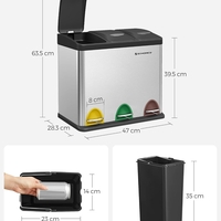 SONGMICS Cos de gunoi din inox cu 3 compartimente colectare selectiva, cu galeti interioare, 3x8litri, argintiu si negru