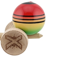 Kendama X Originala, Profesionala, Flippy, Super Sticky cu Cupe Mari KING SIZE V3, Gaura in Baza, Rulment Metalic, din lemn 18 cm, Ata 62/65 cm, Special Rosu/Verde
