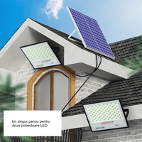 Set 2 proiectoare LED cu Panou Solar Flippy, Senzor de miscare, Telecomanda, Waterproof, 322*2 LED-uri incorporate, 200W, 30*24 cm, IP67, Design Modern, Negru