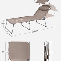 SONGMICS Sezlong pliabil, cu parasolar si tetiera, spatar reglabil in 4 pozitii, maxim 150kg, 200x71x38 cm, taupe