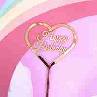 Decoratiune Topper pentru Tort, Flippy, Model Inimioara Scris Happy Birthday, Tematica Aniversare, Auriu