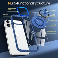 Husa de Protectie TPU, Vafy, pentru iPhone 16 Pro, cu Incarcare Wireless, Tehnologie Magsafe, Inel Magnetic Rotativ cu Functie de Suport, Transparent-Albastru Inchis