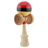 Kendama X Originala, Profesionala, Flippy, Big Cups V2, Super Sticky cu Cupe Mari, Rulment Metalic, din lemn 18 cm, Ata 55 cm, Rosu/Negru/Galben