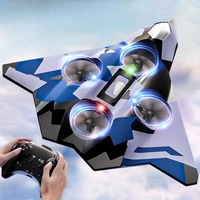 Avion de Lupta cu Telecomanda, Flippy, Tip Drona, din EVA (Spuma), cu Telecomanda, Incarcare USB, 2.4 GHz, Rotire 360°, Zbor pana la 100 m, LED, 24 x 25.5 x 4.2 cm, Model Army, Albastru
