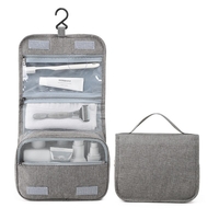 Geanta cosmetice voiaj, Flippy, material panza, impermeabil, 3 compartimente, cu agatatoare, Gri, 47 x 28 x 20 cm