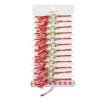 Martisor Bratara cu Ciucure pentru Dama, Jolie, Model Potcoava Buburuza, Set 12 bucati, Pandativ din Inox cu Pietre, Snur Reglabil, Rosu/Alb