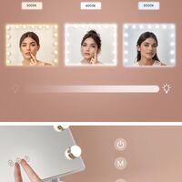 SONGMICS Oglinda machiaj cu iluminare LED, 3 culori lumina, suport telefon, porturi USB, zoom 10x, 58x43 cm, alb