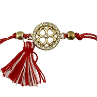 Martisor Bratara cu Ciucure pentru Dama, Jolie, Model Cerc Trifoi cu Patru Foi, Set 12 bucati, Pandativ din Inox cu Pietre, Snur Reglabil, Rosu/Alb