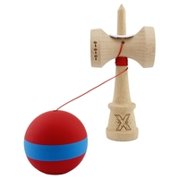 Kendama X Originala, Profesionala, Flippy, Cupe Mari KING SIZE V3, Rubber Grip, Gaura in Baza, Rulment Metalic, din lemn 18 cm, Ata 62/65 cm, M Bicolor Rosu/Albastru