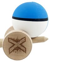 Kendama X Originala, Profesionala, Flippy, Cupe Mari KING SIZE V3, Rubber Grip, Gaura in Baza, Rulment Metalic, din lemn 18 cm, Ata 62/65 cm, S Bicolor Albastru/Alb