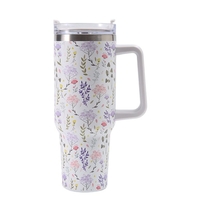 Cana Termos din Plastic, Flippy, pentru Bauturi Calde si Reci, cu Maner, Imprimeu Floral, Alb, 10x7.6x27.5 cm