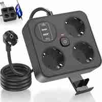 Prelungitor Multifunctional pentru Birou, Vafy, 3 Prize, 2 USB-A, 2 TYPE-C, Suport pentru Telefon, 3250W, Lungime Cablu 2 m, 11.4 x 12.4 cm, Negru