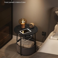 VASAGLE Masuta de cafea rotunda cu cos de stofa, statie de incarcare 2 prize si 2 USB, 45x50cm, negru