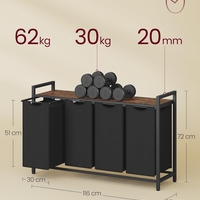 VASAGLE Cos rufe 4x40L, saci detasabili, raft superior si cadru metalic, 116x33x72 cm, maro si negru