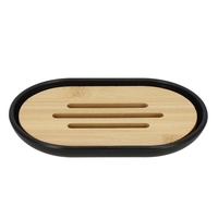Set de accesorii rotunde pentru baie din plastic cu elemente bambus, 6 piese, negru