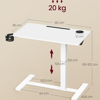 VASAGLE Masa tip birou, ajustabila cu roti pentru pat sau canapea, blat 80x45 cm, inaltime reglabila 65-102 cm, alb