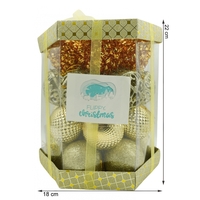 Set de 28 ornamente de brad, Flippy, de tip Glob, Cupru/ Auriu, din polistiren, cu finisaj sclipitor , cutie 18 cm adancime x 22 cm inaltime x 18 cm lungime)