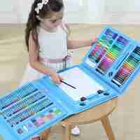 Set 208 Piese, Complet pentru Pictura si Desen, Flippy, Tip Servieta, 3-12 Ani, 32.6 x 27.7 x 6 cm, Albastru