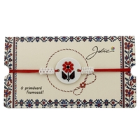 Martisor Traditional Bratara Norocoasa, Jolie, Model Rotund Floare, Bratara Martisor pentru Copii, din Plastic/Textil, Snur Rosu/Alb