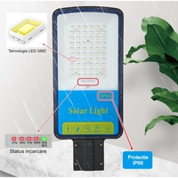 Lampa solara stradala Flippy, IP66, senzor de lumina, 120 LED-uri SMD, 1800 lm, panou 20W, putere 100W, autonomie 12-16 ore, telecomanda, montare prin fixare, pentru strada sau gradina, finisaj mat, material ABS, 49 x 21 x 5.5 cm, gri