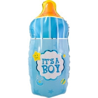 Balon din Folie Metalizata, Vafy, Mini Figurina Biberon, Model It's a Boy, Tematica Gender Reveal, 44x20 cm, Ambalaj Individual, Pai Inclus, Umflare cu Aer sau Heliu, Albastru