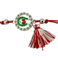 Martisor Bratara cu Ciucure pentru Dama, Jolie, Model Potcoava cu Buburuza in Cerc, Set 12 bucati, Pandativ din Inox cu Pietre, Snur Reglabil, Rosu/Alb