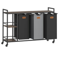 VASAGLE Cos de rufe cu rafturi si roti, 3 compartimente cu saci de rufe detasabili, 3x50 litri, 117x33x81 cm, maro si negru