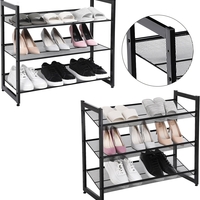 SONGMICS Raft de depozitare pantofi pe 3 niveluri, metal, rafturi plate sau unghiulare reglabile, 31x74x63cm, negru