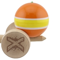 Kendama X Originala, Profesionala, Flippy, Super Sticky cu Cupe Mari KING SIZE V3, Gaura in Baza, Rulment Metalic, din lemn 18 cm, Ata 62/65 cm, Special Portocaliu/Galben