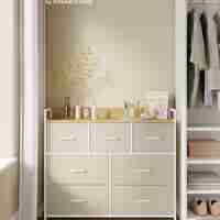 SONGMICS Comoda cu 7 sertare textile, cadru metalic si blat din PAL, design industrial, 98x29x85 cm, alb crem