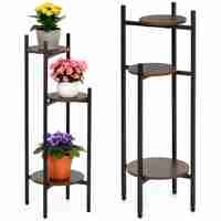 Suport pentru flori, rotund cu 3 polite, structura metalica si MDF, 32x32x81 cm, negru