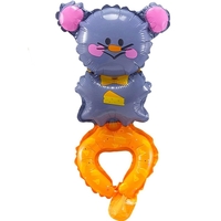 Balon din Folie Metalizata, Vafy, Figurine Animalute, Tip Bratara, Model Soricel, Ambalaj Individual, Pai Inclus, Umflare cu Aer sau Heliu, Gri
