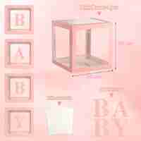 Set 4 Cutii pentru Baloane, Flippy, Model Scris Baby, Tematica Iubire, Cuburi Decorative din Plastic, Accesorii pentru Petrecere, 30 x30 cm, Transparente Contur Roz