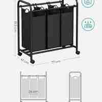 SONGMICS Cos de rufe cu 3 saci detasabili, structura metalica pe roti, 3x44L, 77x41x82cm, negru