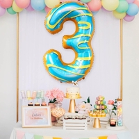 Balon din Folie Metalizata Flippy, Figurina Cifra, Imprimeu Gogosi, Tema Aniversare 100 cm, Ambalaj Individual, Pai inclus, Umflare cu Aer sau Heliu, Multicolor, Cifra 3