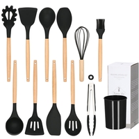 Set Sersimo 12 ustensile de bucatarie din silicon termorezistent si maner din bambus, negru