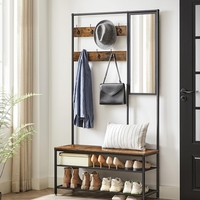 VASAGLE Cuier cu rafturi depozitare pantofi si ​​oglinda, industrial, 35x98x180 cm, maro rustic si negru