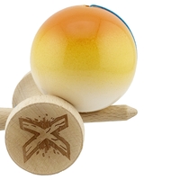 Kendama X Originala, Profesionala, Flippy, Big Cups V2, Super Sticky cu Cupe Mari, din lemn 18 cm, Rulment Metalic cu Ata 55 cm, Portocaliu/Galben/Alb
