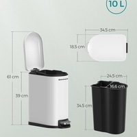 SONGMICS Cos gunoi 10 litri cu pedala si capac soft close, galeata interioara detasabila, 35x19x39 cm, alb