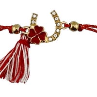 Martisor Bratara cu Ciucure pentru Dama, Jolie, Model Potcoava cu Trifoi, Set 12 bucati, Pandativ din Inox, Snur Reglabil, Rosu/Alb