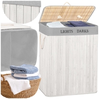 Cos pentru rufe din bambus, pliabil, cu 2 compartimente, volum 105 L, 63x52x33 cm, alb si gri