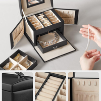 SONGMICS Cutie de bijuterii cu 3 nivele, 2 sertare, oglinda si incuietoare, 14x18x14cm, negru