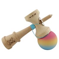 Kendama X Originala, Profesionala, Flippy, Cupe Mari KING SIZE V3, Rubber Grip, Gaura in Baza, Rulment Metalic, din lemn 18 cm, Ata 62/65 cm, Gradient Roz/Galben/Albastru deschis