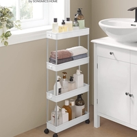 SONGMICS Carucior de depozitare pe roti, pentru bucatarie sau baie, din plastic, cu 4 nivele, 40x13x88cm, alb