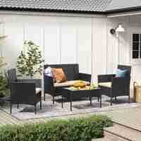 SONGMICS Set mobilier gradina 4 locuri, canapea, 2 scaune si masa cu sticla, ratan PE, negru