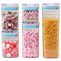 Cutii de Depozitare Alimente, Flippy, Set din 5 Cutii de tip Container, 1x0.5 l, 2x0.8 l, 1x1.2 l, 1x1.9 l, Recipiente pentru Cereale in Bucatarie, Transparente cu Capac Albastru-Alb